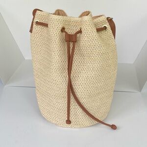 Montce Cream Straw Drawstring Crossbody with Tan Trim